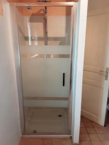 una puerta de ducha de cristal en una habitación con suelo en Gîte de Brunenc, en Saint-Vincent-lʼEspinasse