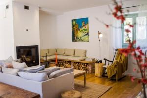 ein Wohnzimmer mit Sofa und Kamin in der Unterkunft Villa Piano in Brest