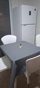 ein Tisch mit zwei weißen Stühlen und einem weißen Kühlschrank in der Unterkunft Apart Brumato in Catriel
