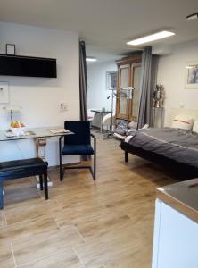 a room with a bed and a table and a desk at FeApp Souterrain Pennen & Parken in Mondsee