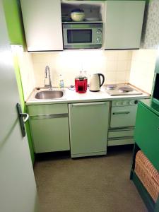 eine kleine Küche mit grünen Schränken und einem Waschbecken in der Unterkunft Bad Gastein Holiday Apartments in Bad Gastein