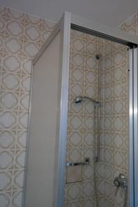 a bathroom with a shower and a shower curtain at Herzog's Ulsterbrücke in Tann