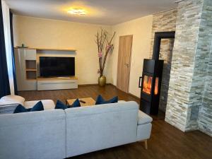 a living room with a white couch and a fireplace at 1-Zimmer-Apartment mit Pool und Kamin in Ellenz-Poltersdorf
