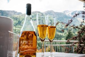 zwei Gläser Wein auf einem Tisch mit einer Flasche in der Unterkunft Nette Ferienwohnung in Unterort mit Garten, Terrasse und Grill und Panoramablick in Feistritz ob Bleiburg + 29 Fotos