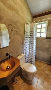 a bathroom with a toilet and a sink at Chalé Joanópolis - Rancho da Biruta in Joanópolis +91 photos