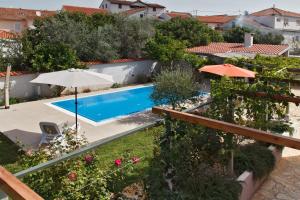 a swimming pool with an umbrella and some flowers at Villa Marin in Sutomišćica +31 photos