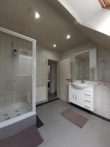 un bagno con doccia, lavandino e vasca di Fewo Stricker 33 a Walkenried Altre 27 foto