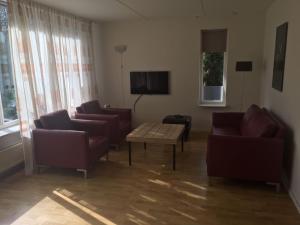 a living room with couches and a coffee table at Geräumiges Ferienhaus Mitten Im Wald in Winterswijk