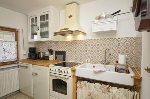 a kitchen with a sink and a stove top oven at Landhaus Lietzow Haus Cottage Garden in Lietzow +13 photos