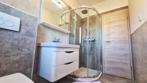 une salle de bains avec douche, toilettes et lavabo dans l'établissement Große Wohnung In Palit Mit Privatem Balkon, à Palit
