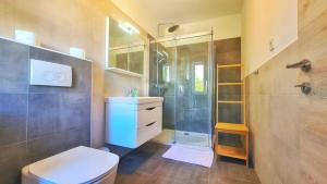 une salle de bains avec douche, toilettes et lavabo dans l'établissement Große Wohnung In Palit Mit Privatem Balkon, à Palit