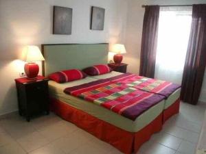 a bedroom with a large bed with two red pillows at Casa Romeo Mit Kaminofen Und Sonnenterrasse in Guía de Isora