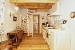 LietzowLandhaus Lietzow Häuschen Tiny Cabin的铺有木地板的厨房配有白色家电