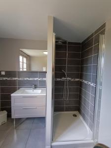 un baño con ducha y lavabo en Gite 15 pers maxi proche Wimereux, en Belle-et-Houllefort