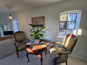 a living room with two chairs and a table with a plant at Solvang in Assens