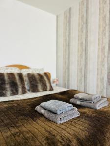 a bed with three towels on top of it at Le refuge du Cerf in Allemont