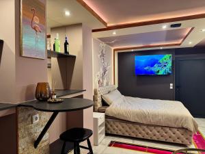 a bedroom with a bed and a table with a tv at Apartman Flamingos in Rača