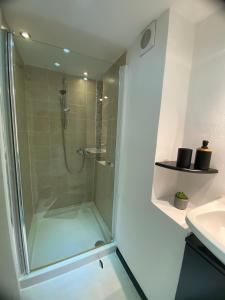 een badkamer met een douche en een wastafel bij La Petite Maison in Moyrazès