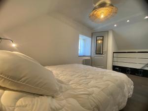 een slaapkamer met een groot wit bed en een licht bij La Petite Maison in Moyrazès