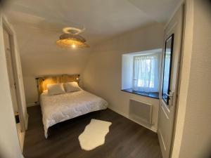 een kleine slaapkamer met een bed en een raam bij La Petite Maison in Moyrazès +3 foto's