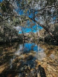 a river with trees and rocks in the water at Vale do Elefante - Casa com Jacuzzi e Cachoeira in Santana do Riacho