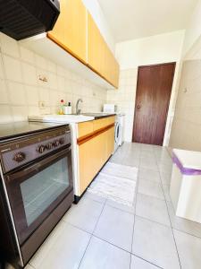 a small kitchen with a sink and a stove at Apartamento gourmet com quintal in Albufeira