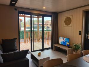 a living room with a couch and a television and a balcony at Chalet Lac du Der Giffaumont-Champaubert in Giffaumont-Champaubert
