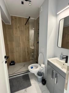 Un baño con inodoro, ducha y lavabo. en Modern Nest By David, en Sibiu