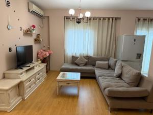 un salon avec un canapé et une télévision dans l'établissement Urban Apartment, à Tirana 3 autres photos