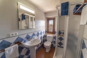 a blue and white bathroom with a toilet and a sink at Casa El Pino Azul, Ferienhaus Für 2 4 Personen in Dúrcal