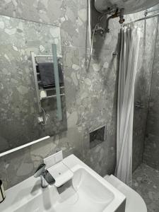 a bathroom with a sink and a mirror and a shower at 15 New Airport Apartment in Vilnius +2 photos