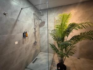 a bathroom with a shower and a plant at Marina Boutique Hotel Istanbul Airport in Karaburun +35 photos