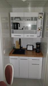 eine kleine Küche mit weißen Schränken und einer Spüle in der Unterkunft Appartements Haus Hashagen in Oerlinghausen
