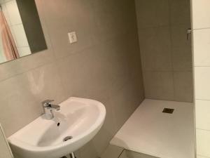 ein weißes Badezimmer mit Waschbecken und Dusche in der Unterkunft Appartements Haus Hashagen in Oerlinghausen