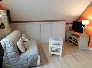 un salon avec un canapé et une table dans l'établissement Chambre D'hôtes Les Jonquilles -, à Froberville