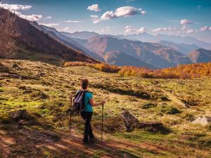 una donna in piedi su una montagna che guarda le montagne di Camping Le Coulédous ad Aulus-les-Bains