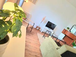 een woonkamer met een bank en een tv bij Le Sweet Escape - Vue Sur La Cathédrale in Beauvais