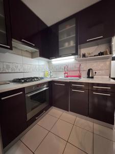 a kitchen with black cabinets and a stove top oven at Veronika Apartments in Berehove