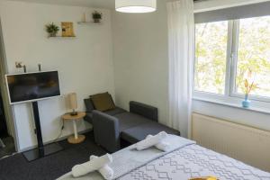 a room with a bed and a couch and a television at Lakeside Nook Garden Parking 4 people in Birmingham