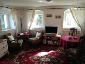 un salon avec une télévision et une table avec des chaises dans l'établissement Familienfreundliche Gemütliche Ferienwohnung In Luchau Mit Garten Und Grill -, à Glashütte
