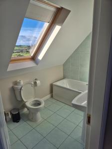 a bathroom with a toilet and a sink and a skylight at Beautiful Spacious 4-Bedroom House in Louisburgh in Louisburgh