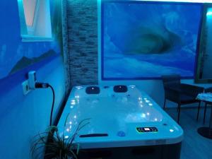 a bath tub with an aquarium in a room at Ferienwohnung Maaridyll In Schalkenmehren in Schalkenmehren
