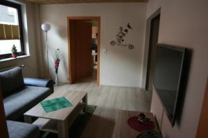 a living room with a couch and a table and a tv at Wohnung In Ilfeld Mit Grill Und Garten in Harztor