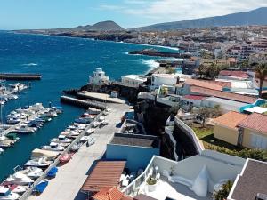 a view of a harbor with boats in the water at Terraza al mar in Candelaria