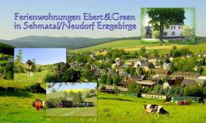 un collage d'images d'une ville avec des vaches dans un champ dans l'établissement Fewo Silberglanz, à Sehmatal