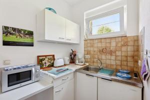 a small kitchen with a sink and a microwave at Appartement In Süd in Dessau +12 photos