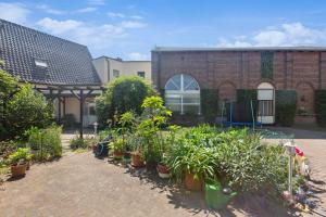 un jardin avec des plantes devant un bâtiment en briques dans l'établissement Appartement In Süd, à Dessau