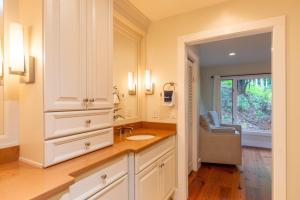 une salle de bain avec un lavabo et un miroir dans l'établissement Peace of Mind at Hound Ears, à Valle Crucis 50 autres photos