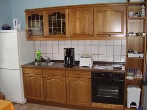 a kitchen with wooden cabinets and a sink and a refrigerator at Ferienwohnung Orpington in Dreisbach