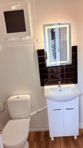 a bathroom with a white toilet and a sink at Domek modułowyBursztynek in Rewa